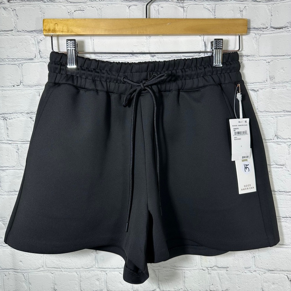 NEW Good American Sweat Shorts Black Drawstring High Rise Womens Size 1 Small